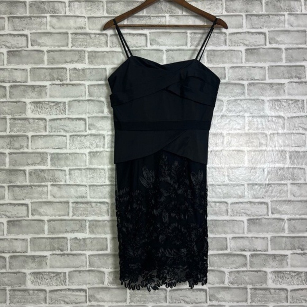 Alex Evenings Black Forman Midi Dress Sleeveless Strappy Floral Embellish Sz 10